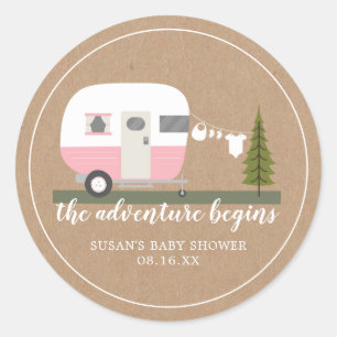Adventure Retro Camper Trailer Roze Baby shower Ronde Sticker