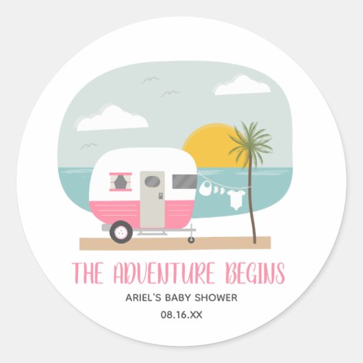 Adventure Roze Camper Beach Girl Baby shower Ronde Sticker (Voorkant)