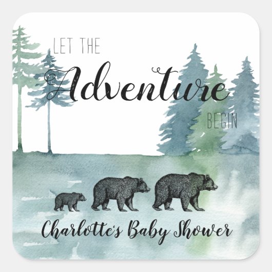 Adventure Rustige Waterverf Beren Baby shower Squ Vierkante Sticker (Voorkant)