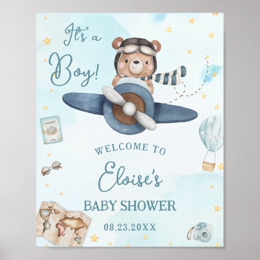 Adventure Schattige Beer Blue Plane Boy Baby showe Poster (Voorkant)