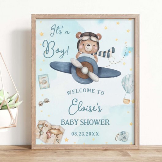 Adventure Schattige Beer Blue Plane Boy Baby showe Poster