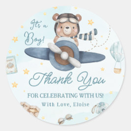 Adventure Schattige Beer Blue Plane Boy Baby showe Ronde Sticker