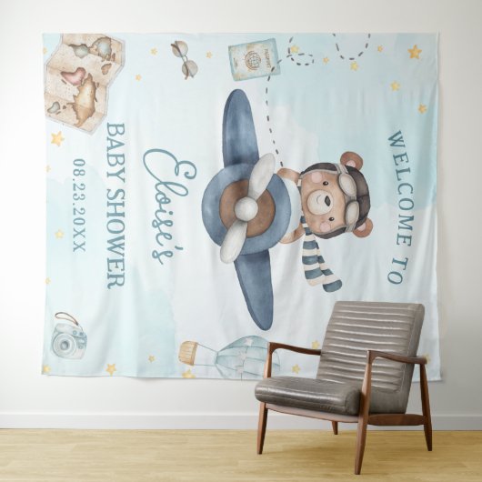 Adventure Schattige Beer Blue Plane Boy Baby showe Wandkleed (In Situ (horizontaal))