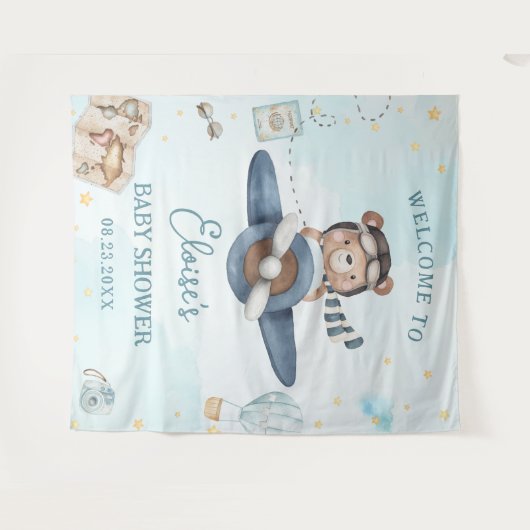 Adventure Schattige Beer Blue Plane Boy Baby showe Wandkleed (Voorkant (horizontaal))