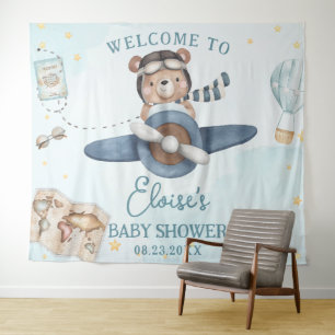 Adventure Schattige Beer Blue Plane Boy Baby showe Wandkleed