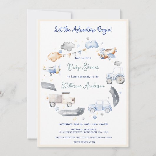 Adventure Transportation Boy Baby shower Kaart (Voorkant)