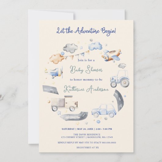 Adventure Transportation Boy Baby shower Kaart (Voorkant)