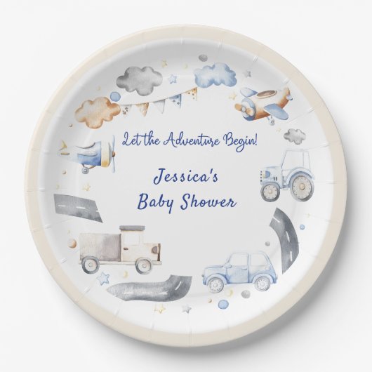 Adventure Transportation Boy Baby shower Papieren Bordje (Voorkant)
