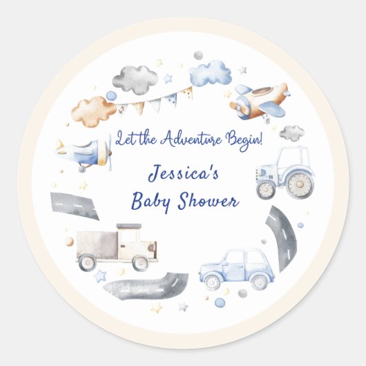 Adventure Transportation Boy Baby shower Ronde Sticker (Voorkant)