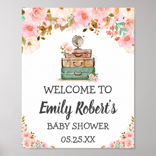Adventure Travel Floral Greenery Girl Baby shower Poster (Voorkant)