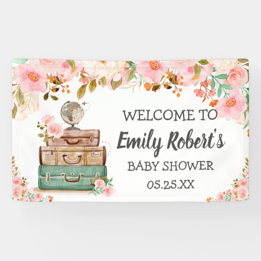 Adventure Travel Floral Greenery Girl Baby shower Spandoek (Horizontaal)