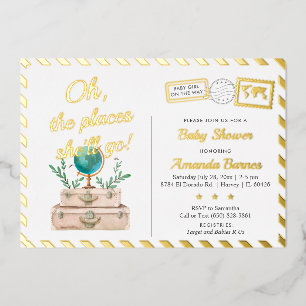 Adventure Travel Suitcases Baby Girl Shower Gold Folie Uitnodiging