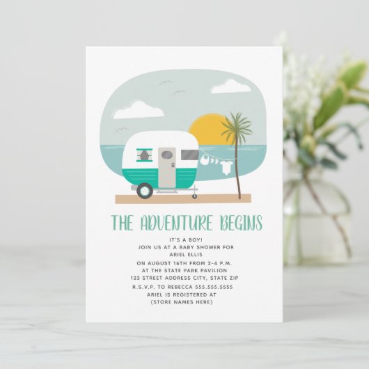 Adventure Turquoise Camper Beach Baby shower Kaart (Staand voorkant)