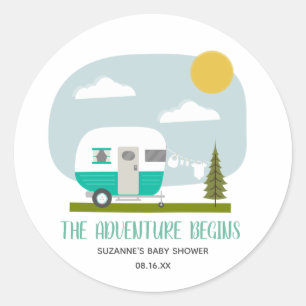 Adventure Turquoise Camper Clothesline Baby shower Ronde Sticker