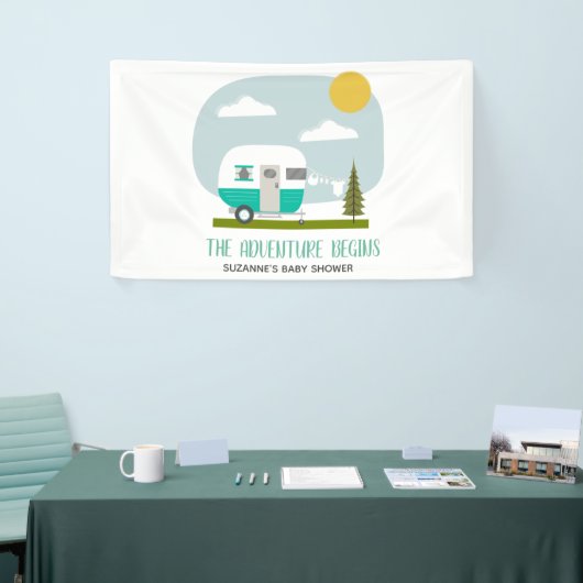 Adventure Turquoise Retro Camper Boy Baby shower Spandoek (Beurs)