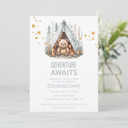 Adventure wacht Cute Woodland Camping Baby shower Kaart (Staand voorkant)