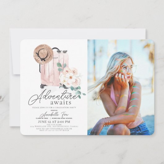 Adventure wacht op Afstuderen Pink Suitcase Kaart (Voorkant)