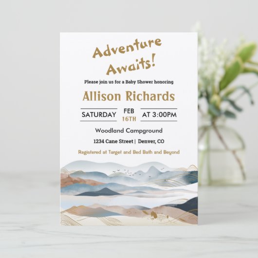 Adventure wacht op baby shower invi van natuur in  kaart (Staand voorkant)