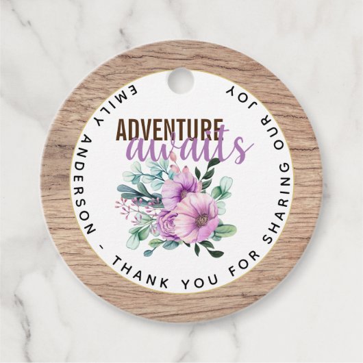 Adventure wacht op Baby shower Rustic Purple Flowe Bedankjes Labels (Voorkant)
