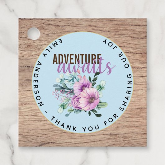 Adventure wacht op Baby shower Rustic Purple Flowe Bedankjes Labels (Voorkant)