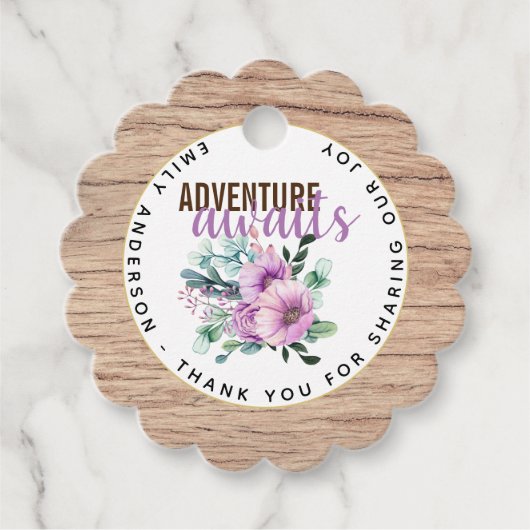 Adventure wacht op Baby shower Rustic Purple Flowe Bedankjes Labels (Voorkant)