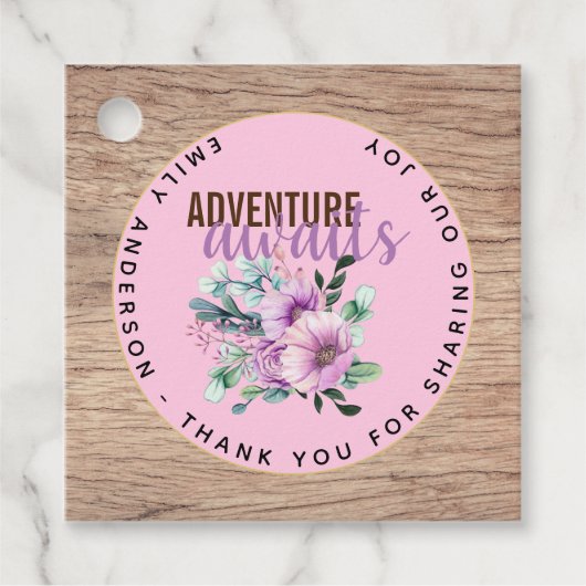 Adventure wacht op Baby shower Rustic Purple Flowe Bedankjes Labels (Voorkant)