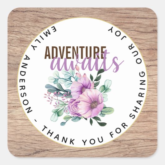 Adventure wacht op Baby shower Rustic Purple Flowe Vierkante Sticker (Voorkant)