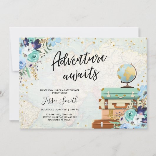 Adventure wacht op Blue Floral Travel Baby shower Kaart (Voorkant)