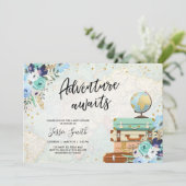Adventure wacht op Blue Floral Travel Baby shower Kaart (Staand voorkant)