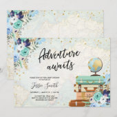 Adventure wacht op Blue Floral Travel Baby shower Kaart (Voorkant / Achterkant)