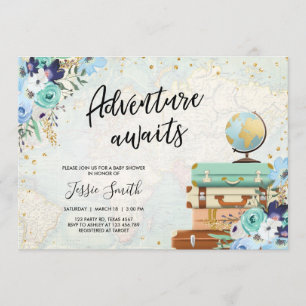 Adventure wacht op Blue Floral Travel Baby shower Kaart