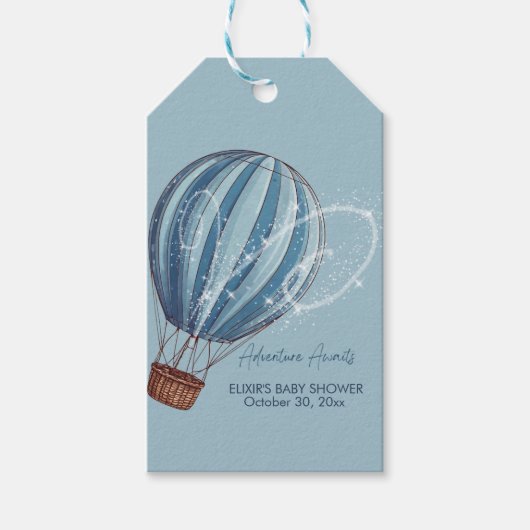 Adventure wacht op Blue Hot Air ballon-Baby shower Cadeaulabel (Voorkant)
