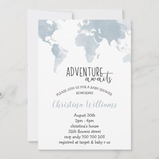Adventure wacht op Blue Wereldkaart Boy Baby showe Kaart (Voorkant)