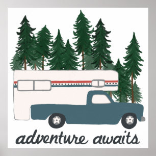 Adventure wacht op Camping Truck Camper Art Poster