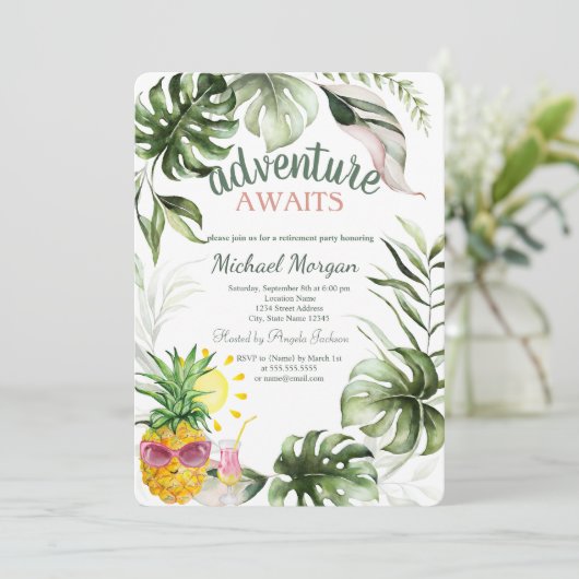 Adventure wacht op tropische bladeren ananas kaart (Staand voorkant)