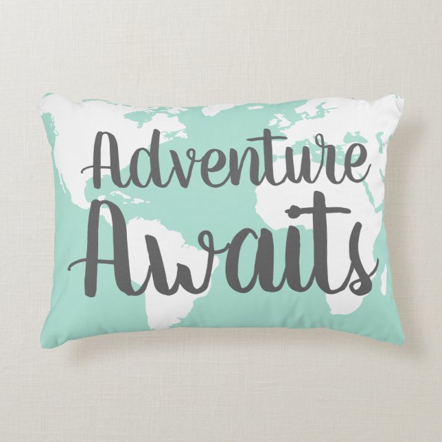 Adventure wacht op Wereldkaart & Mint Decoratief Kussen (Voorkant)
