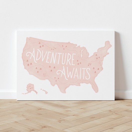 Adventure wacht roze US-kaart Canvas Afdruk