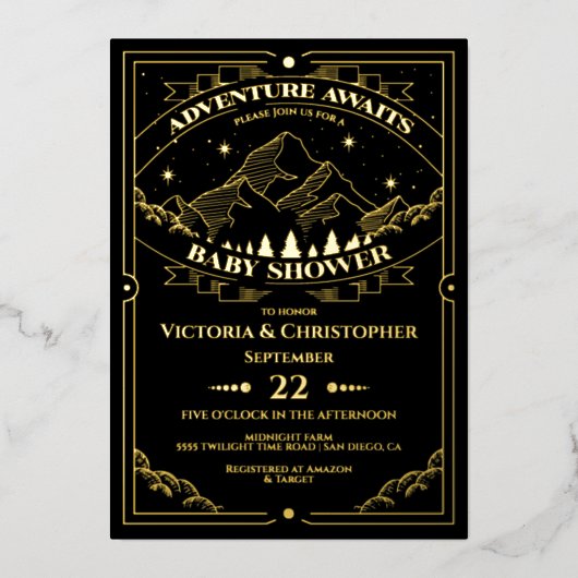 Adventure Woodland Baby shower bergbos Folie Uitnodiging (Voorkant)