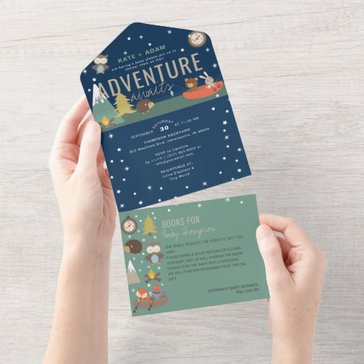 Adventure Woodland & Books Boy Navy Baby shower All In One Uitnodiging (Afscheurbaar)