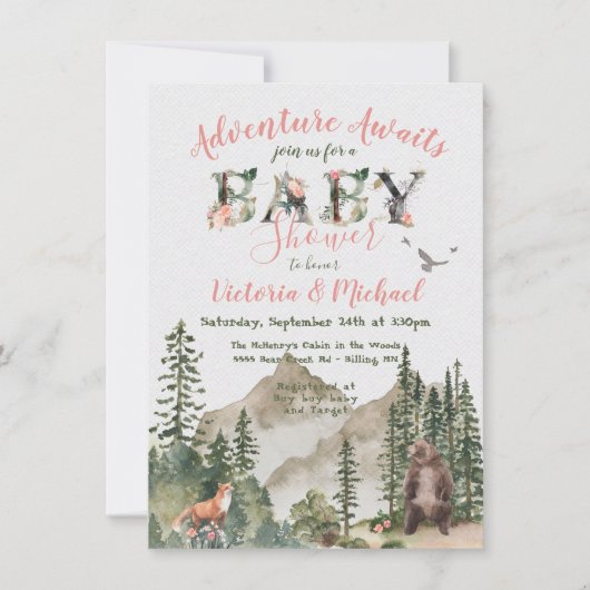 Adventure Woodland forest Girl Baby shower Kaart (Voorkant)