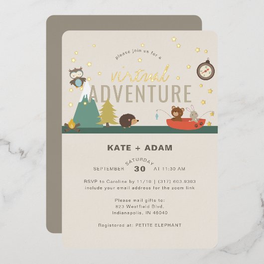 Adventure Woodland Neutral Virtual Baby shower Folie Uitnodiging (Voorkant / Achterkant)