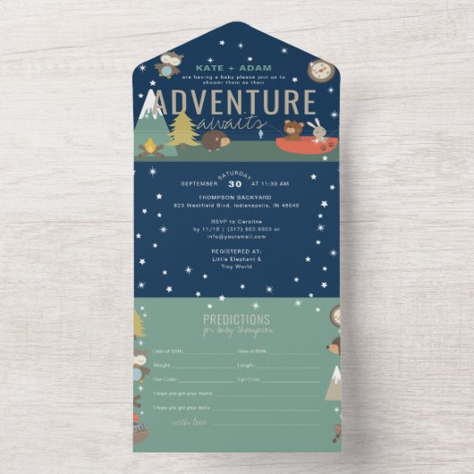 Adventure Woodland & Predictions Boy Baby shower All In One Uitnodiging (Binnen)