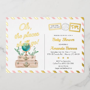 Adventure World Travel Baby Girl Blush Pink Gold F Folie Uitnodiging