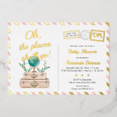 Adventure World Travel Baby Girl Blush Pink Gold F Folie Uitnodiging (Voorkant)