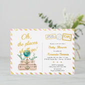 Adventure World Travel Baby Girl Blush Pink Gold F Folie Uitnodiging (Staand Voorkant)