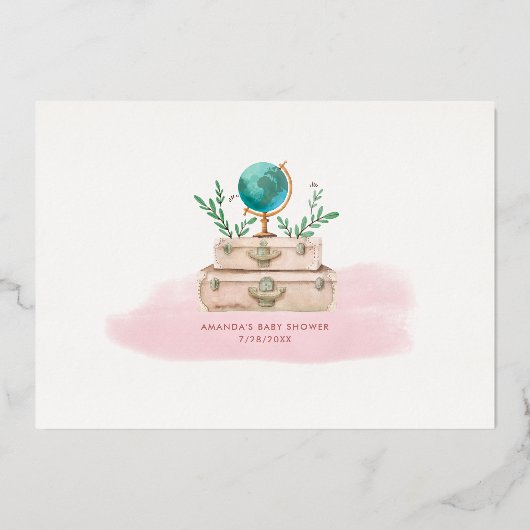 Adventure World Travel Baby Girl Blush Pink Gold F Folie Uitnodiging (Achterkant)