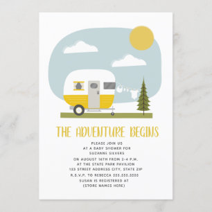 Adventure Yellow Camper Clothesline Baby shower Kaart