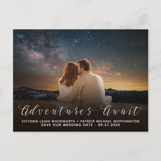 Adventures Await Photo Wedding Bewaar de datum Aankondigingskaart (Voorkant)