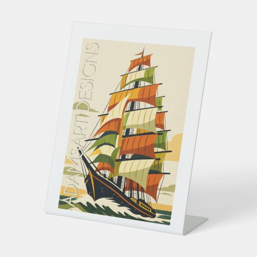 Adventurous Art Deco Sailing Ship Reclamebord Met Voetstuk (Voorkant)