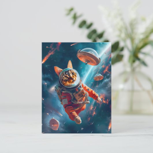Adventurous Space Cat Floating Gracefully Beyond E Feestdagenkaart (Staand voorkant)